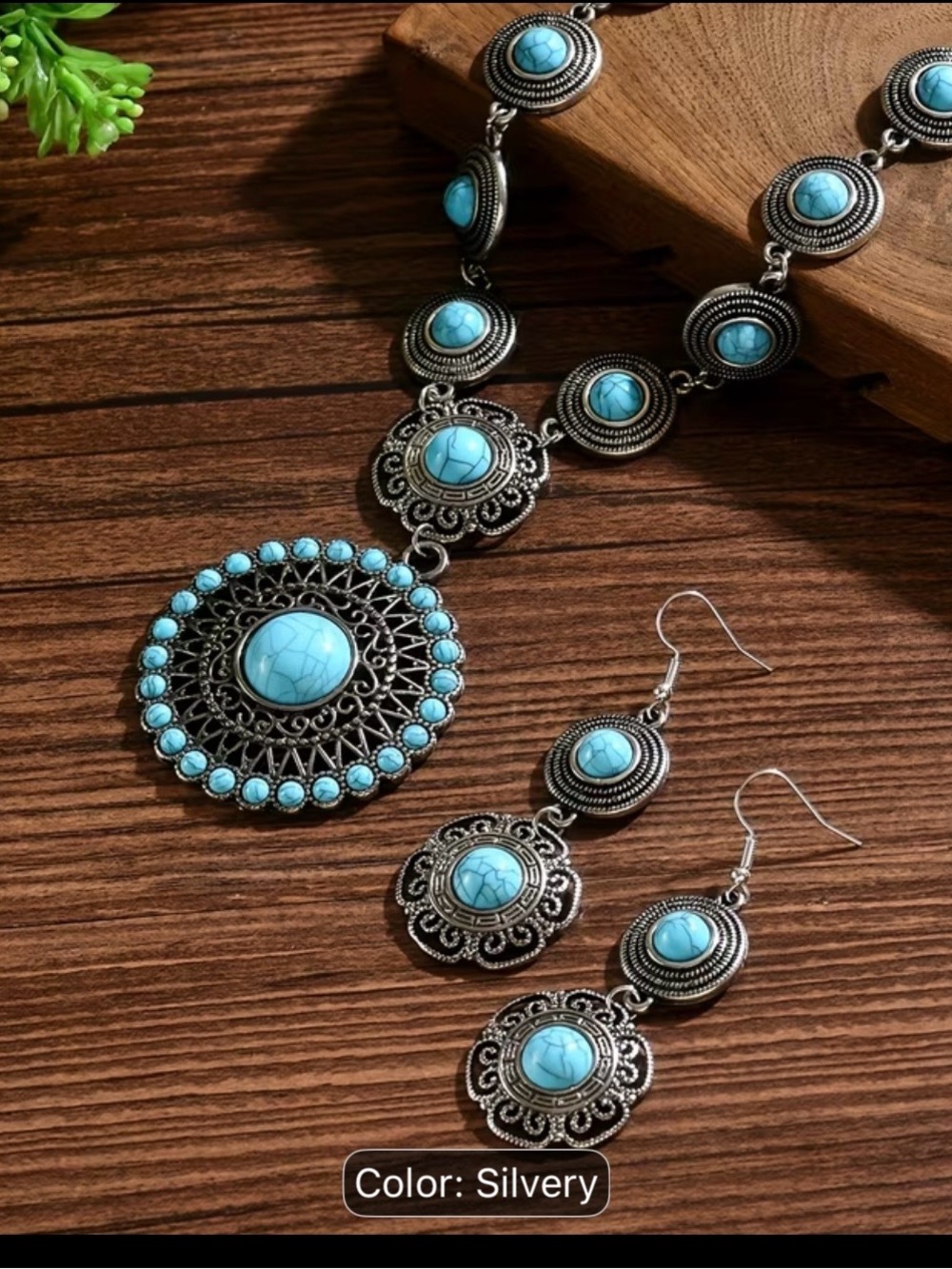 Fashion Jewelry Turquoise and Silver-Tone Round Pendant Necklace & Earrings Set - Picture 4 of 4